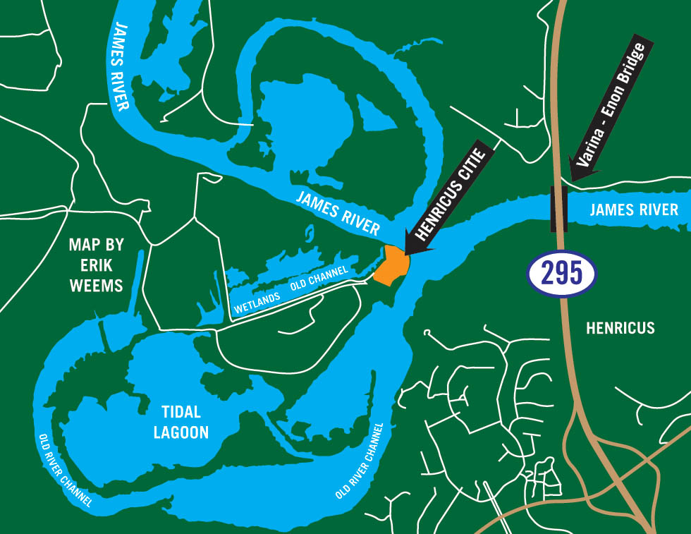 Map of Henricus and Dutch Gap on James River - with lagoon and Old River Channels